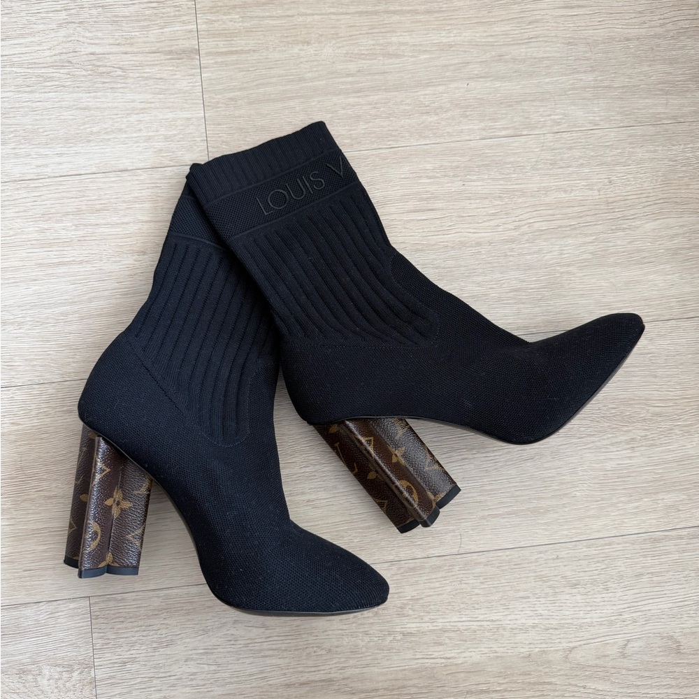 Louis Vuitton Sock Boots Black Monogram Heel – Size 37 1/2